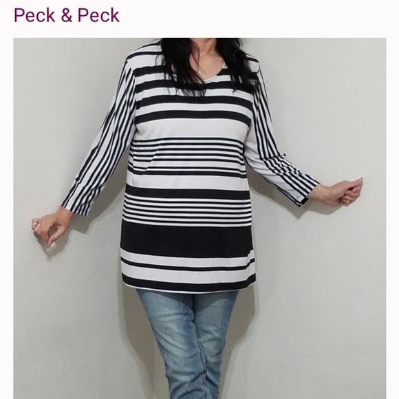 Peck & Peck woman’s black & White striped tunic top long sleeve size XL - Picture 1 of 16